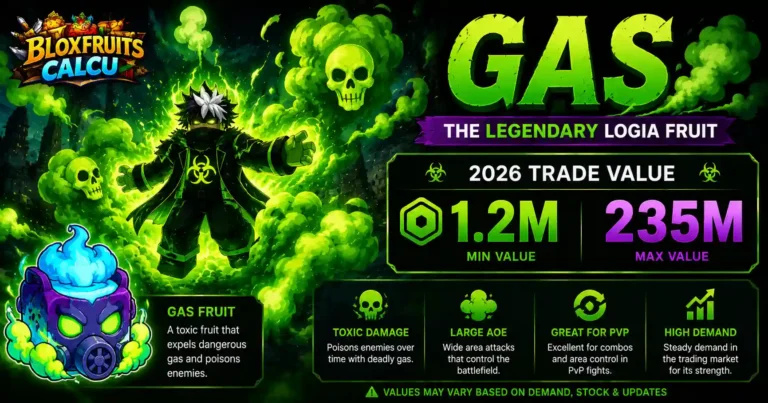 Gas fruit user surrounded by green toxic clouds in Blox Fruits, Legendary Logia fruit and its 2026 trade value