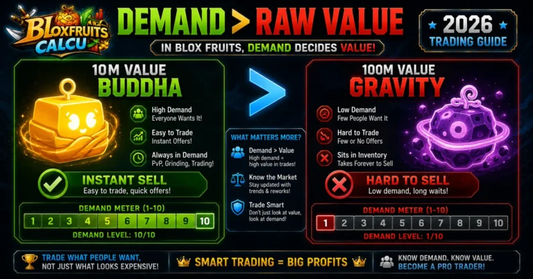 Blox Fruits demand vs value chart showing high demand fruits like Buddha and low demand traps