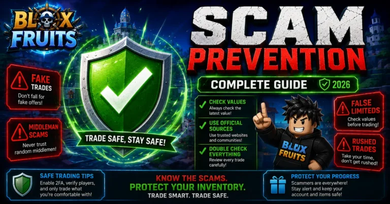 Blox Fruits trading scam prevention shield with checkmark and warning signs, safe trading guide 2026