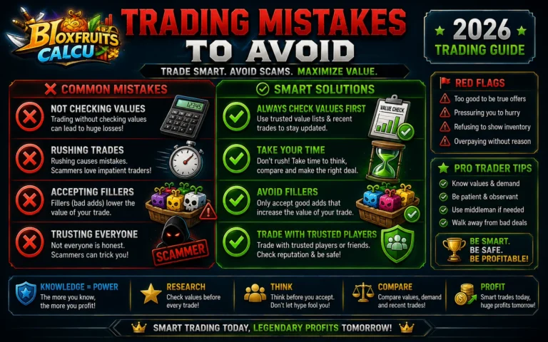 Blox Fruits trading mistakes infographic showing red flags and correct trading behavior