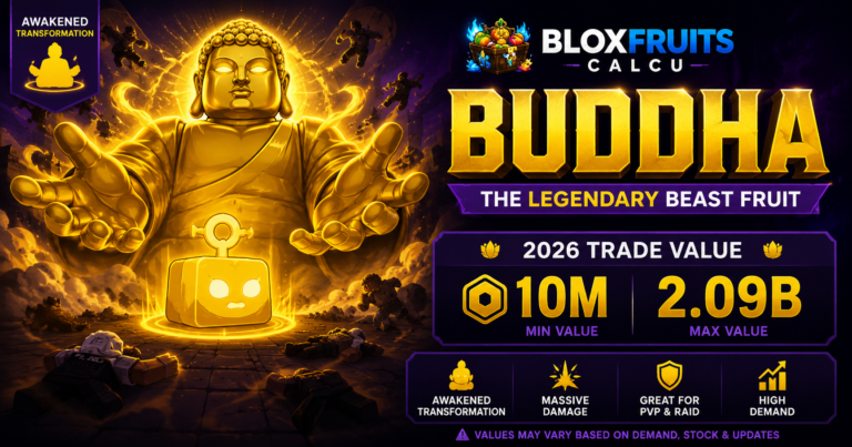 Buddha fruit transformation in Blox Fruits showing the giant golden statue form, Legendary Beast fruit and its 2026 trade value