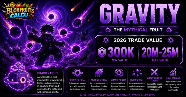 Gravity fruit user pulling enemies with purple gravitational orbs in Blox Fruits, Mythical fruit and its 2026 trade value